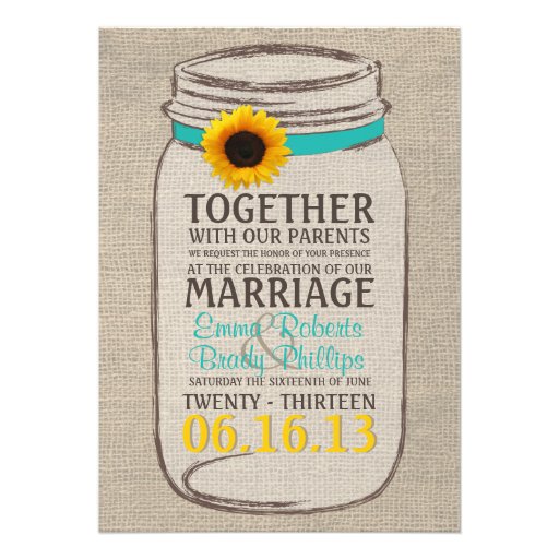 Rustic Sunflower & Mason Jar Wedding Invitation (front side)