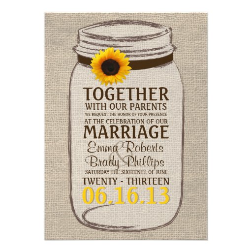 Rustic Sunflower & Mason Jar Wedding Invitation (front side)