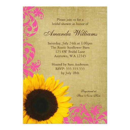 Rustic Sunflower Pink Swirls Bridal Shower Invitations