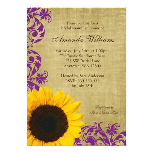 Rustic Sunflower Purple Swirls Bridal Shower Cards