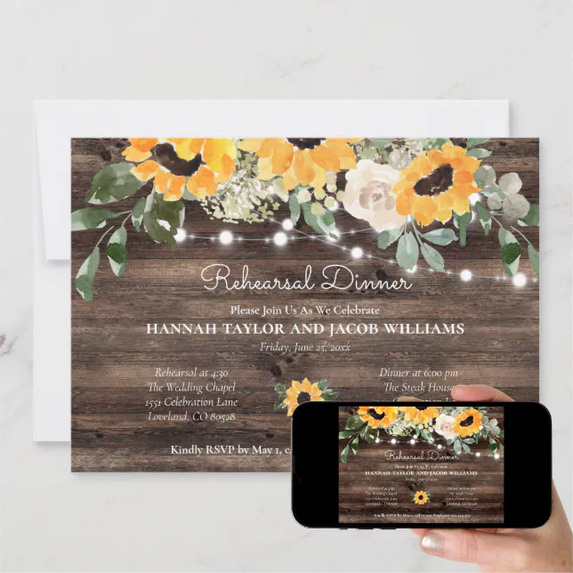 Rustic Sunflower String Lights Rehearsal Dinner Invitation Zazzle