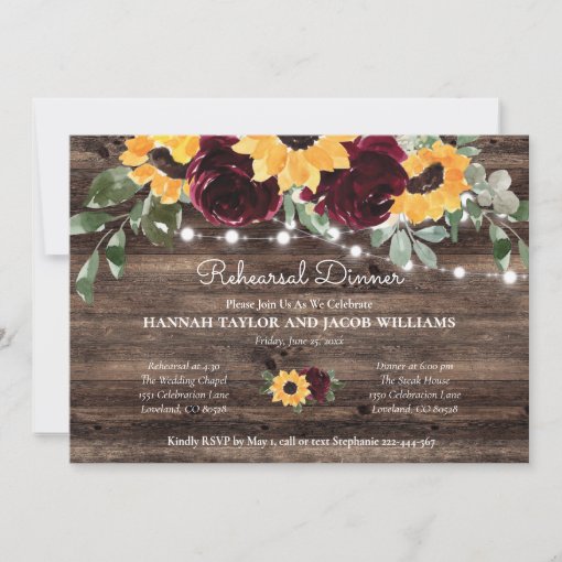 Rustic Sunflower Wood Lights Rehearsal Dinner Invitation Zazzle