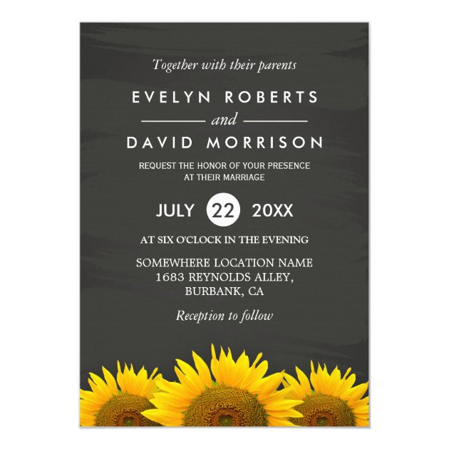 Rustic Sunflowers Classy Chalkboard Formal Wedding Card (front side)
