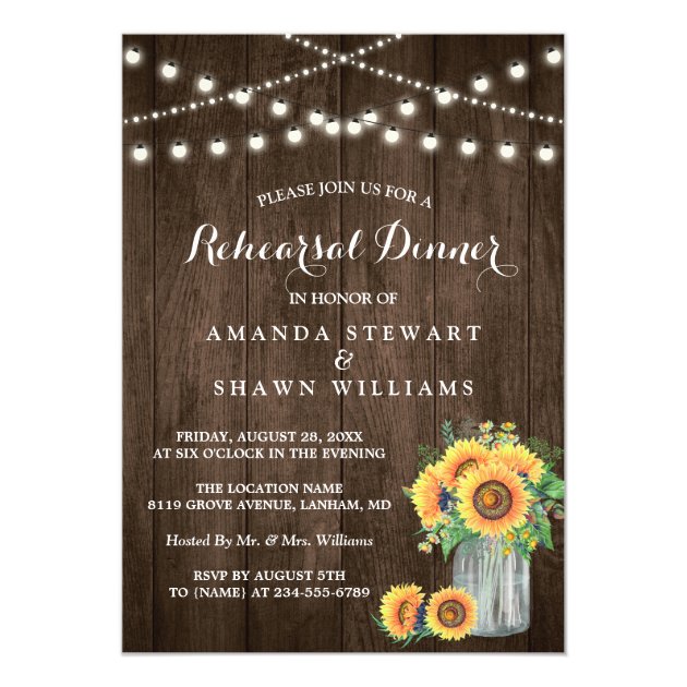 Rustic Sunflowers String Lights Rehearsal Dinner Card (front side)