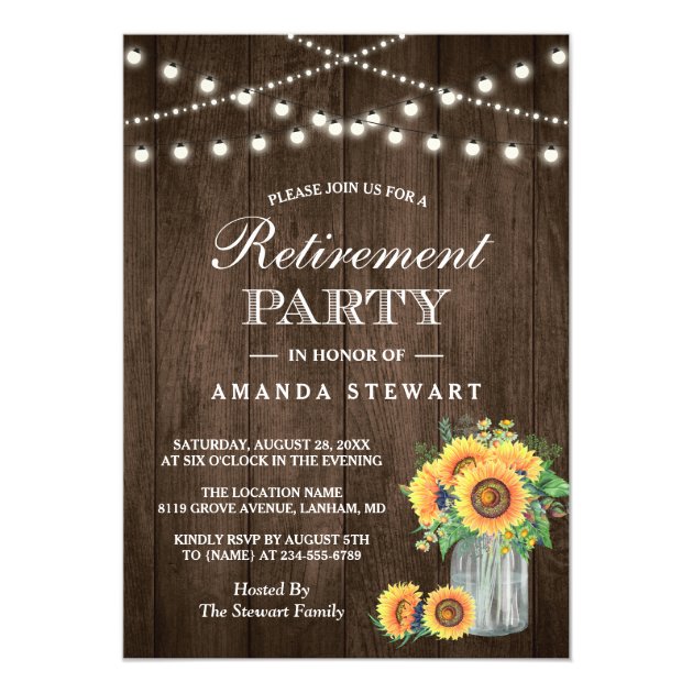 Rustic Sunflowers String Lights Retirement Party Card (front side)