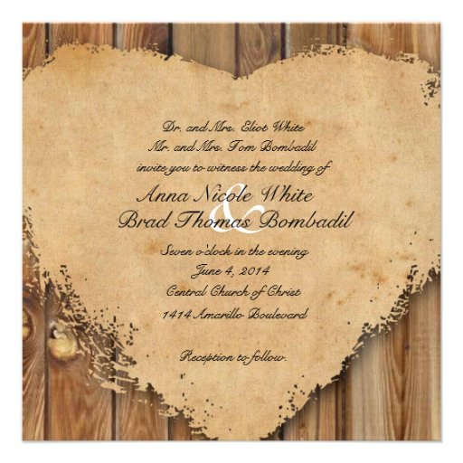 Rustic Tattered Heart Wood Look Country Wedding Personalized Invitation