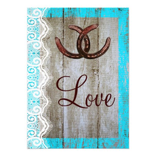 Rustic Teal Barn Wood Horseshoe Wedding Invitation