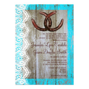 Rustic Teal Barn Wood Horseshoe Wedding Invitation