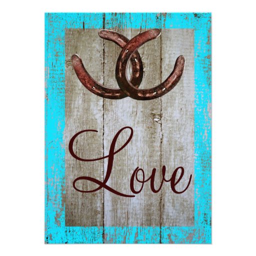 Rustic Teal Barn Wood Horseshoe Wedding Invitation