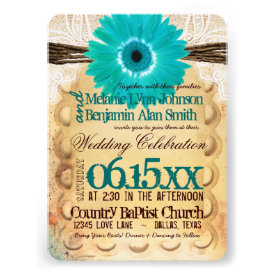Rustic Teal Daisy Typography Wedding Invitations Custom Invites