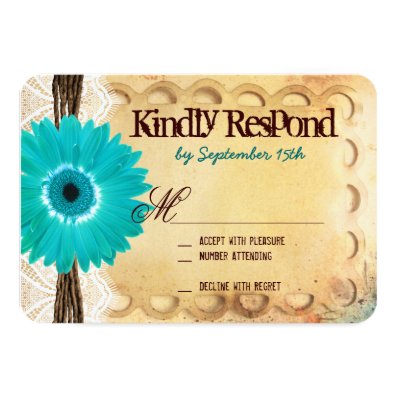 Rustic Teal Daisy Typography Wedding RSVP Cards Invites
