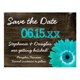 Rustic Teal Daisy Wood Save The Date Postcards