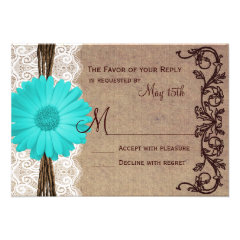 Rustic Teal Gerber Daisy Lace Wedding RSVP Cards