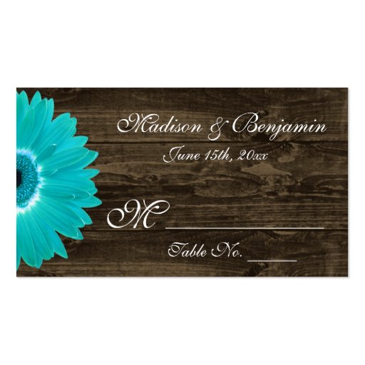 Rustic Teal Gerber Daisy Wedding Place Cards Business Card Template (front side)