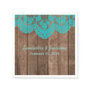 Rustic Teal Lace and Wood Wedding Standard Cocktail Napkin