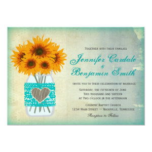 Rustic Teal Mason Jar Sunflower Wedding Invites