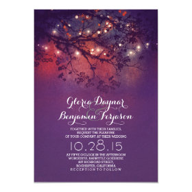Rustic tree branches purple string lights wedding 5x7 paper invitation card
