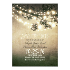 Rustic tree branches & string lights save the date custom invites