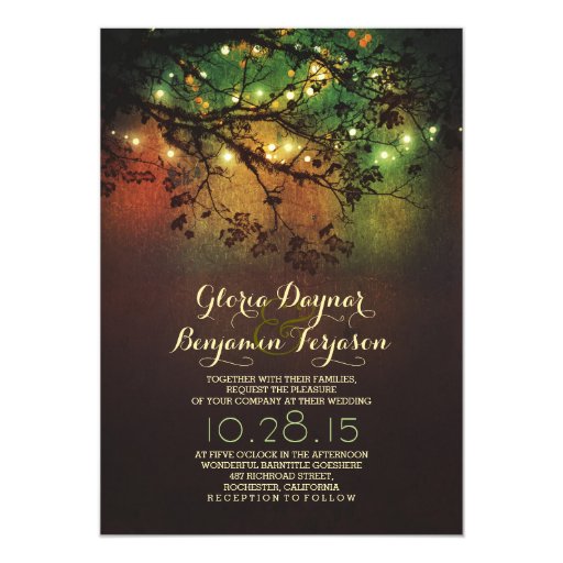 Rustic tree branches & string lights wedding card Zazzle