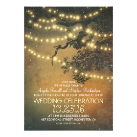 Rustic tree branches & string lights wedding custom invitations