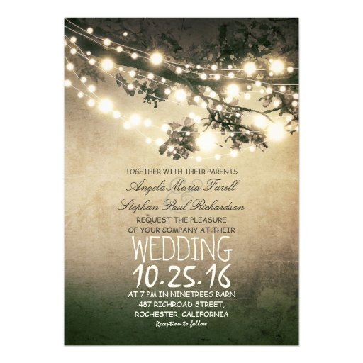 Rustic tree branches & string lights wedding personalized invites (front side)