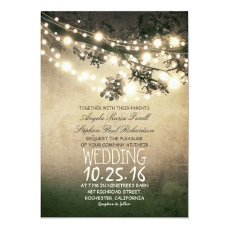 Rustic tree branches & string lights wedding 5x7 paper invitation card