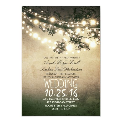 Rustic tree branches & string lights wedding 5x7 paper invitation card Zazzle