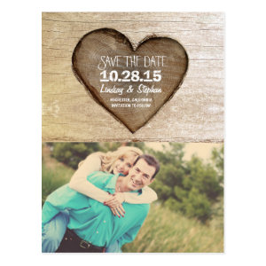 Rustic tree carved wood heart photo save the date postcard
