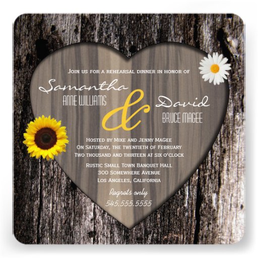 Rustic Tree Heart Sunflower Daisy Rehearsal Dinner Personalized Invitations