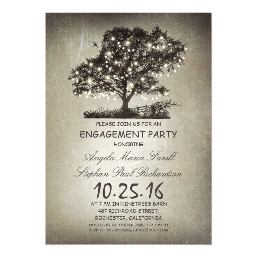 Rustic tree & string lights engagement party announcements