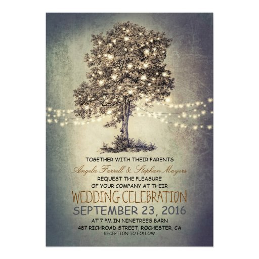 Rustic tree & string lights wedding invitations (front side)