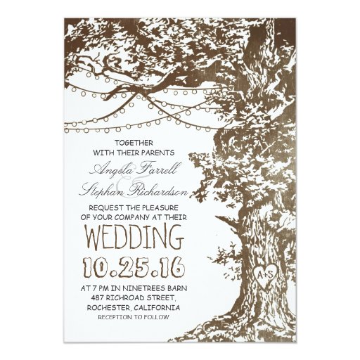 Rustic tree & string lights wedding invitations Zazzle
