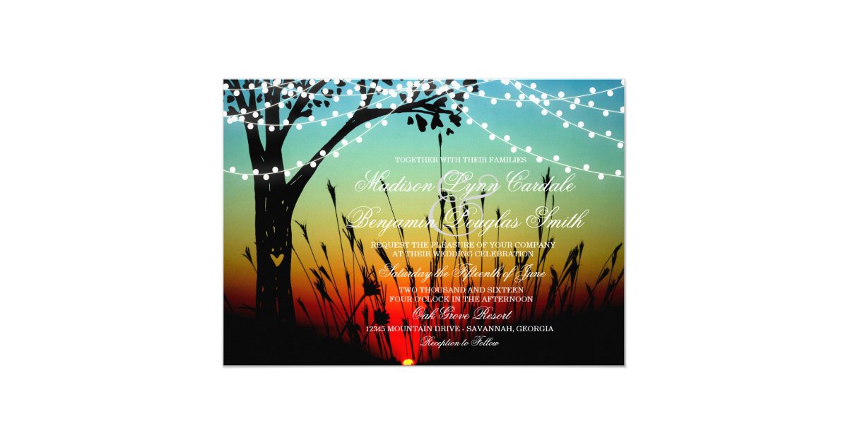 Rustic Tree String of Lights Sunset Wedding Invite Zazzle