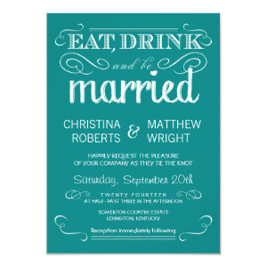 Rustic Typography Teal Blue Wedding Invitation 4.5