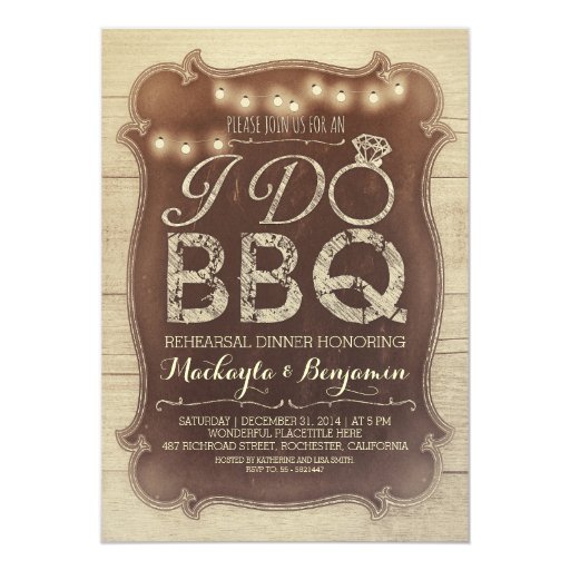 rustic vintage BBQ rehearsal dinner invitation (front side)