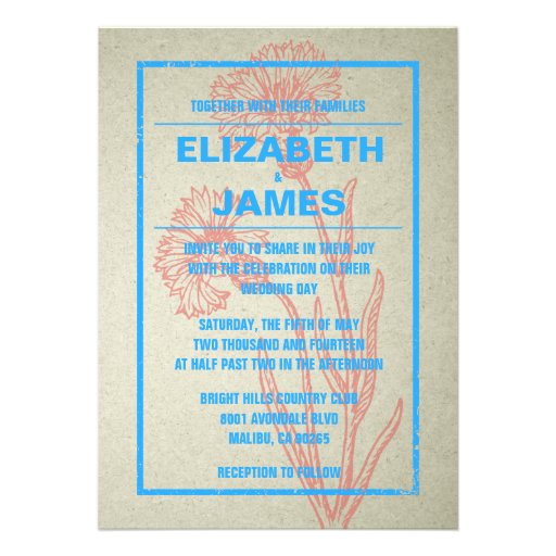 Rustic Vintage Blue And Red Wedding Invitations
