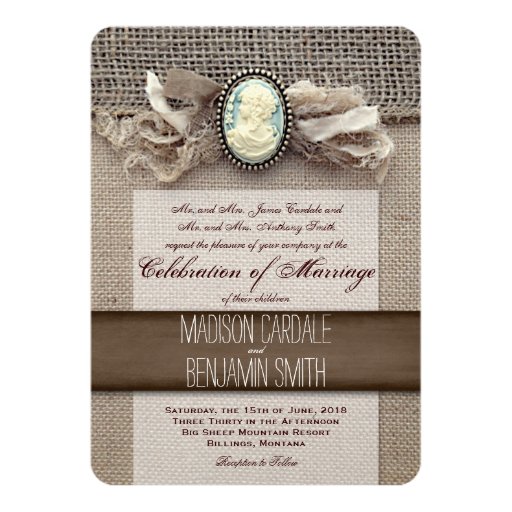 vintage cameo wedding invitations rustic vintage cameo brooch burlap wedding invites 4 5 quot x vintage cameo wedding invitations rustic vintage cameo brooch burlap wedding invites 4 5 quot x
