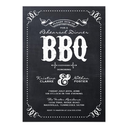 Rustic Vintage Chalkboard Rehearsal Dinner BBQ Personalized Announcements
