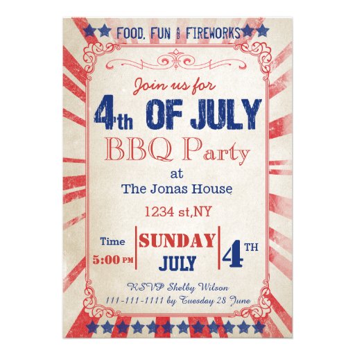 Rustic Vintage July 4th Holiday party Invitation (front side)