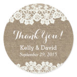 Rustic Vintage Lace & Burlap Wedding Favor Classic Round Sticker