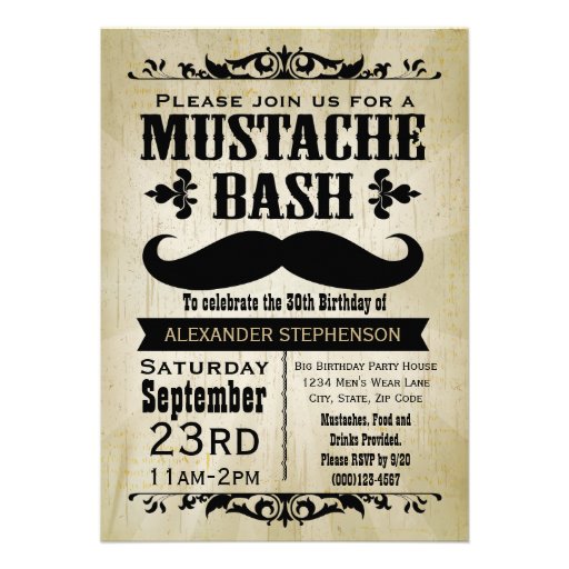 Rustic Vintage Mustache Bash Party Invites (front side)