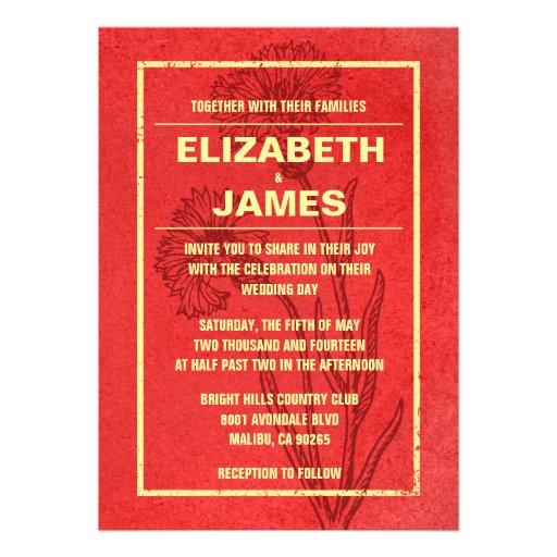 Rustic Vintage Red And Gold Wedding Invitations