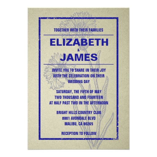 Rustic Vintage Royal Blue Wedding Invitations