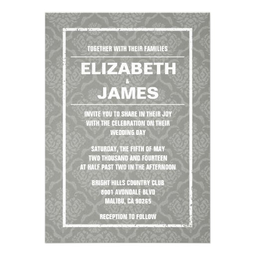 Rustic Vintage Silver Damask Wedding Invitations