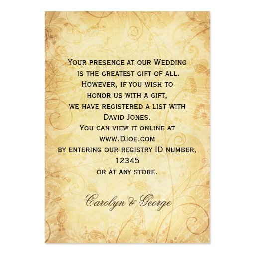 rustic vintage yellow floral Gift registry  Cards Business Card (back side)