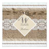 Rustic Wedding Beige lace Burlap Pearl White 5.25" Square Invitation Card