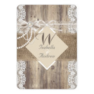 Rustic Wedding Beige Pearl Lace Wood Burlap 5" X 7" Invitation Card