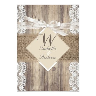 Rustic Wedding Beige White Lace Wood Burlap 2 Card