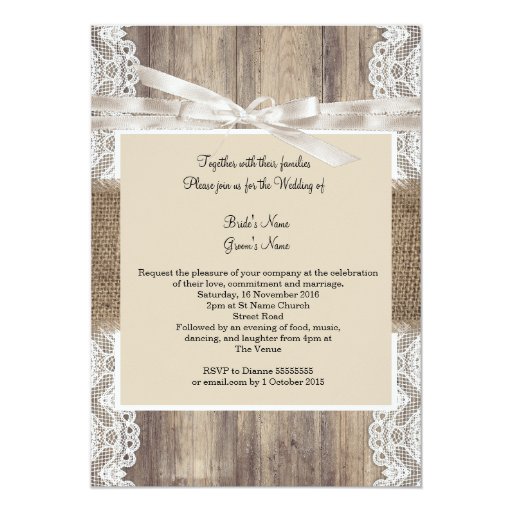 Rustic Wedding Beige White Lace Wood Burlap 2 Custom Invitation