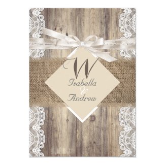 Rustic Wedding Beige White Lace Wood Burlap 2 5x7 Paper Invitation Card